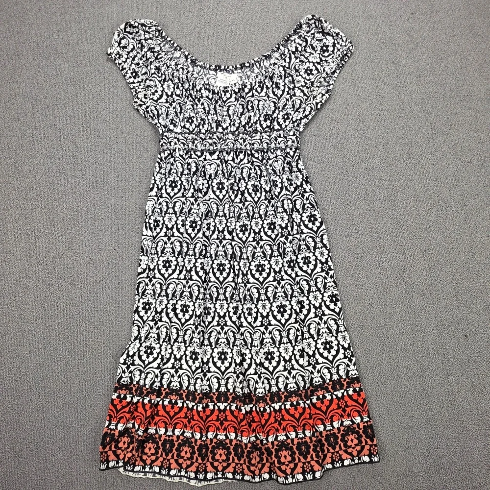 Sophie Max Black White Damask Empire Waist‎ Dress Orange Border XS